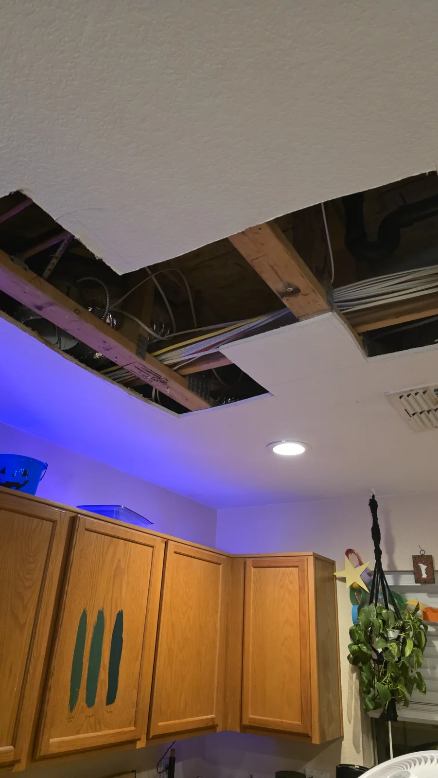 Bathtub leak & drywall repair: damaged ceiling opened
